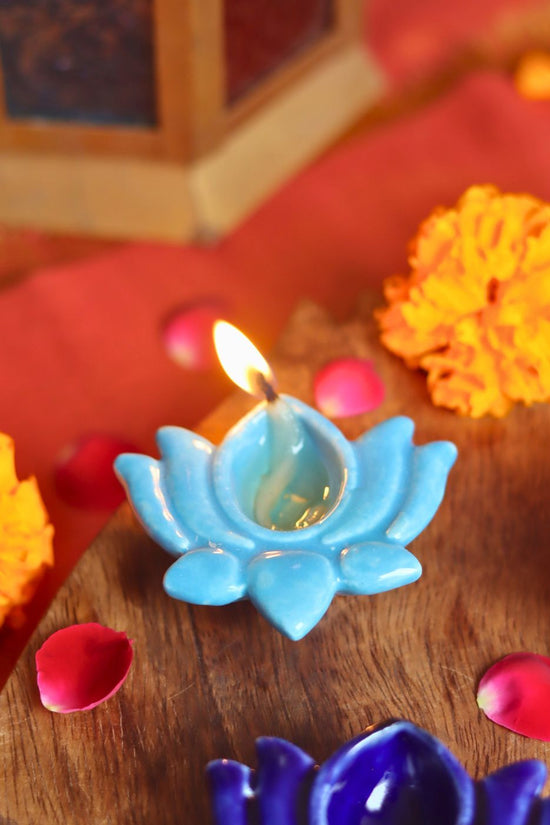 Handmade Set of 4 Lotus Diya - Sky blue