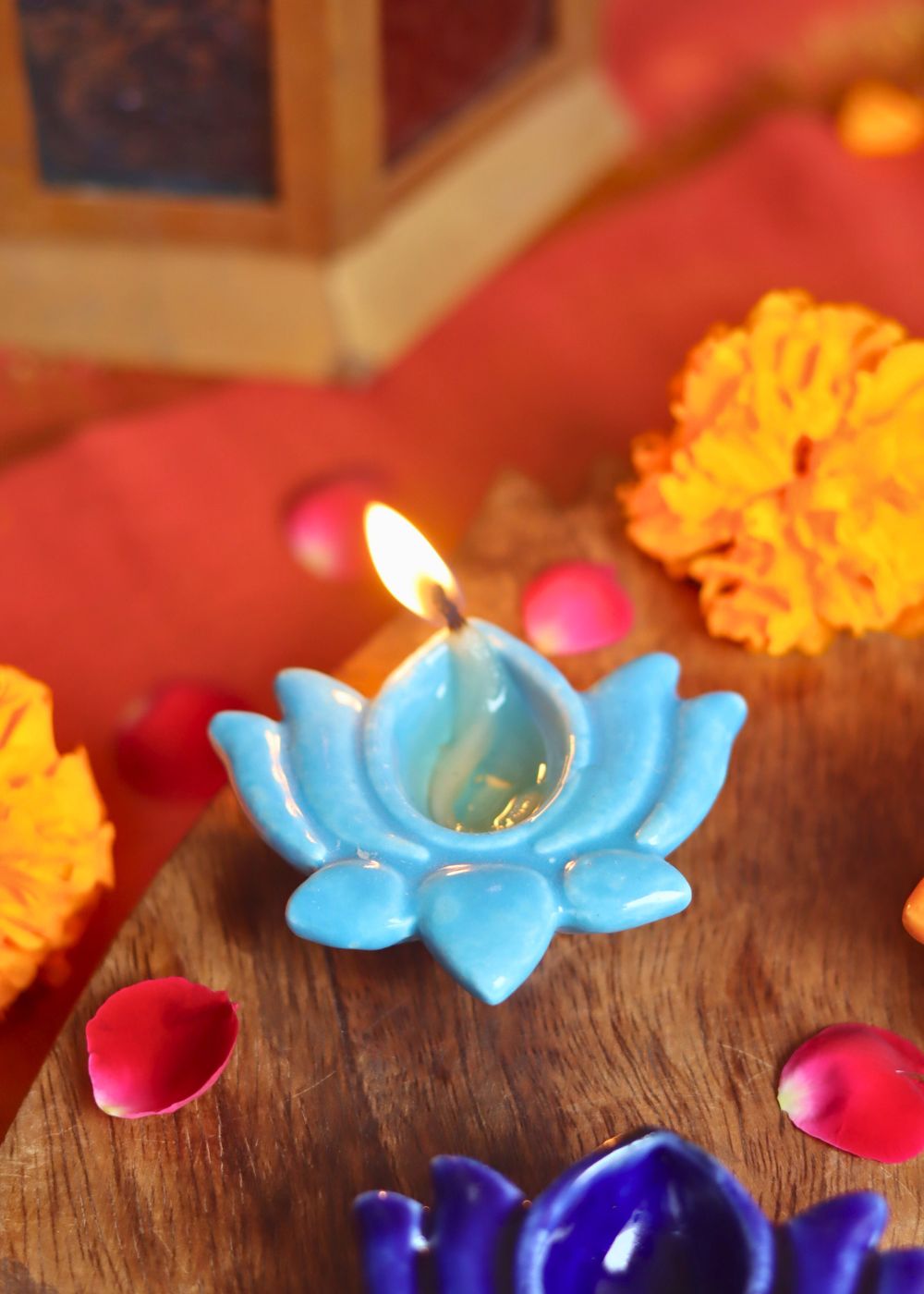Handmade Set of 4 Lotus Diya - Sky blue