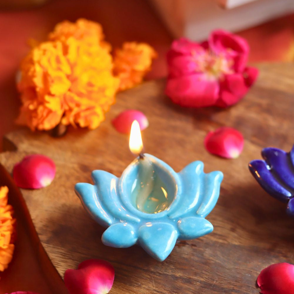 Set of 4 Lotus Diya - Sky blue made by ceramic