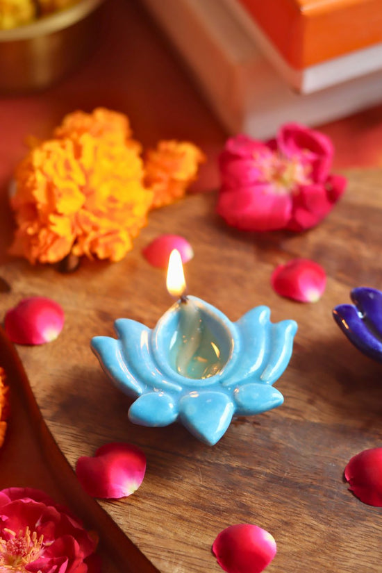 Set of 4 Lotus Diya - Sky blue made by ceramic