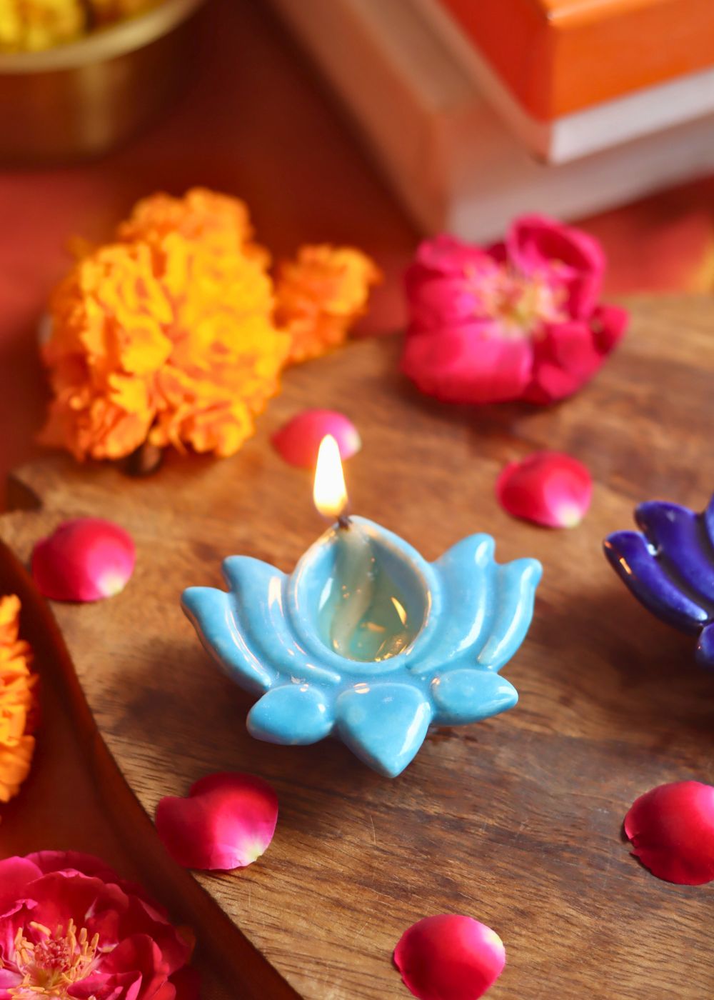 Set of 4 Lotus Diya - Sky blue made by ceramic