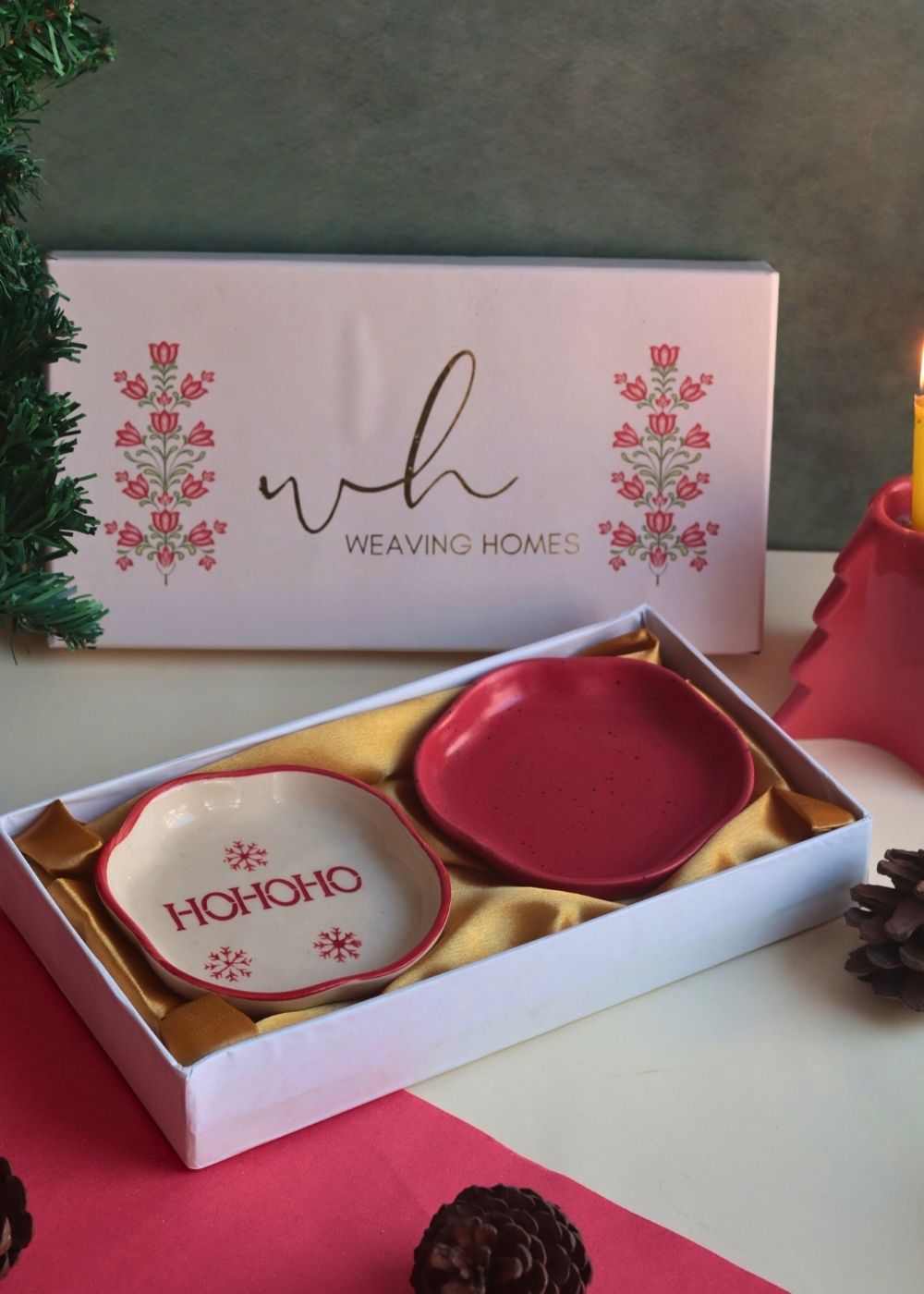 HOHOHO & Red Handmade Dessert plate in a Gift Box handmade in india
