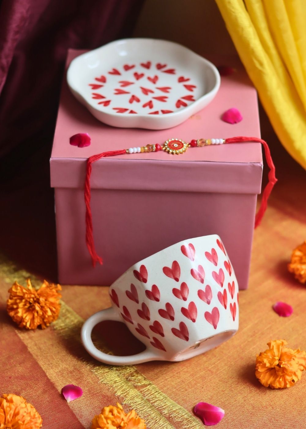 Handmade Heart Mug & All Heart Dessert Plate   Rakhi Gift Box