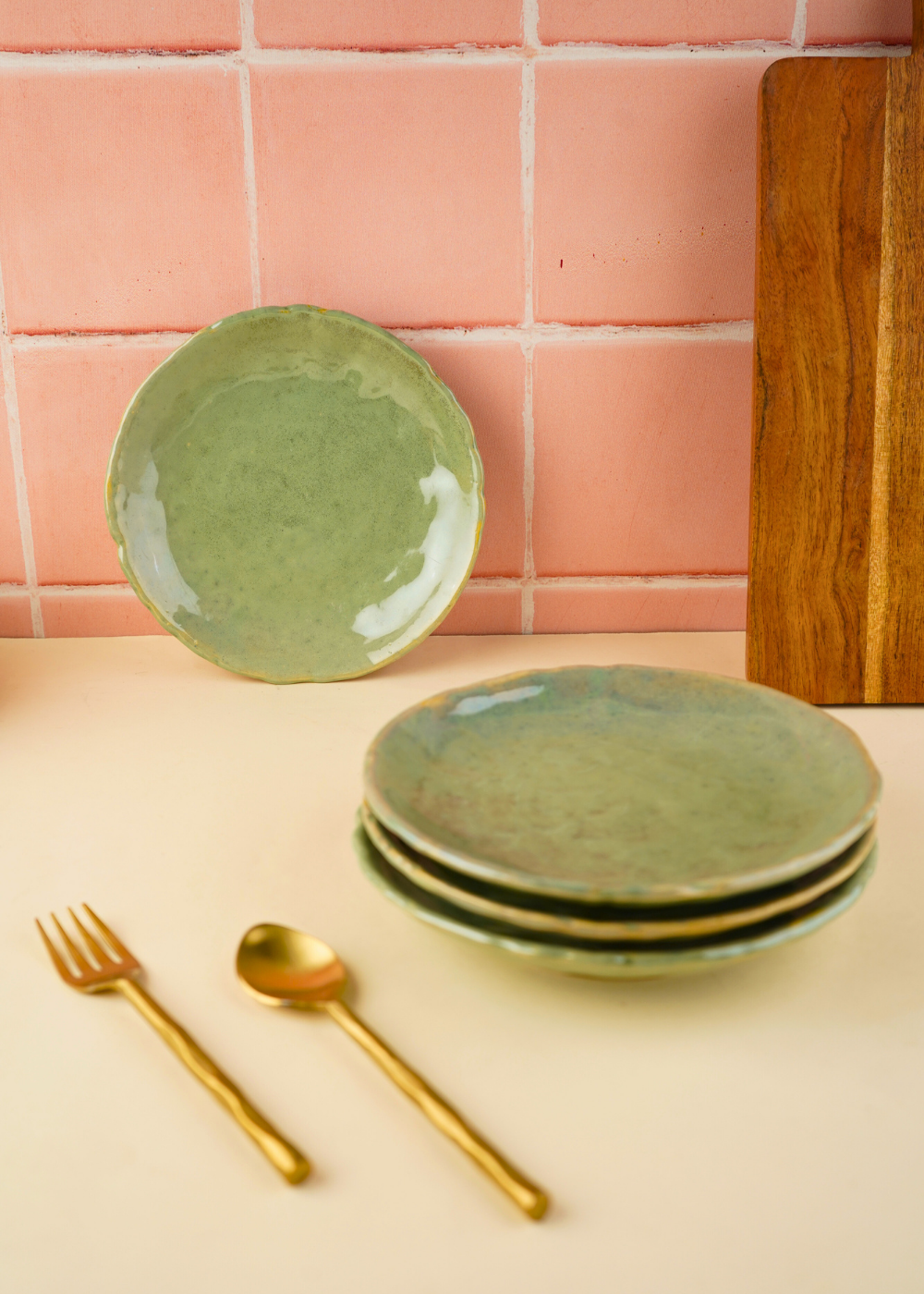 handmade pistachio stoneware quarter plate with nature's green color