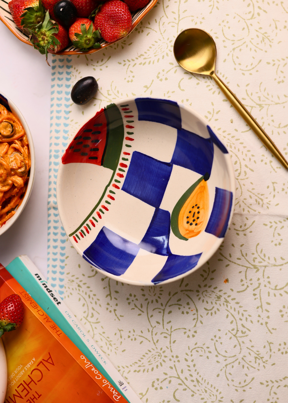 ceramic blue check papaya & watermelon bowl