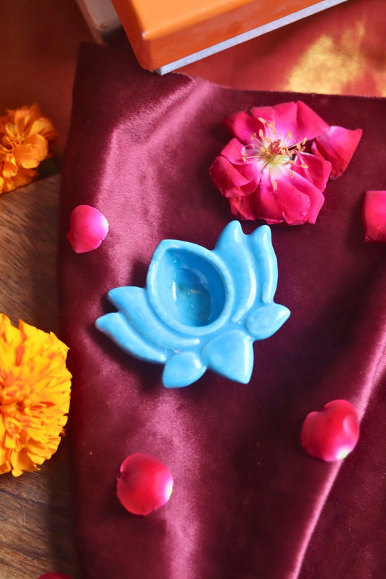 Set of 4 Lotus Diya - Sky blue with premium quality material