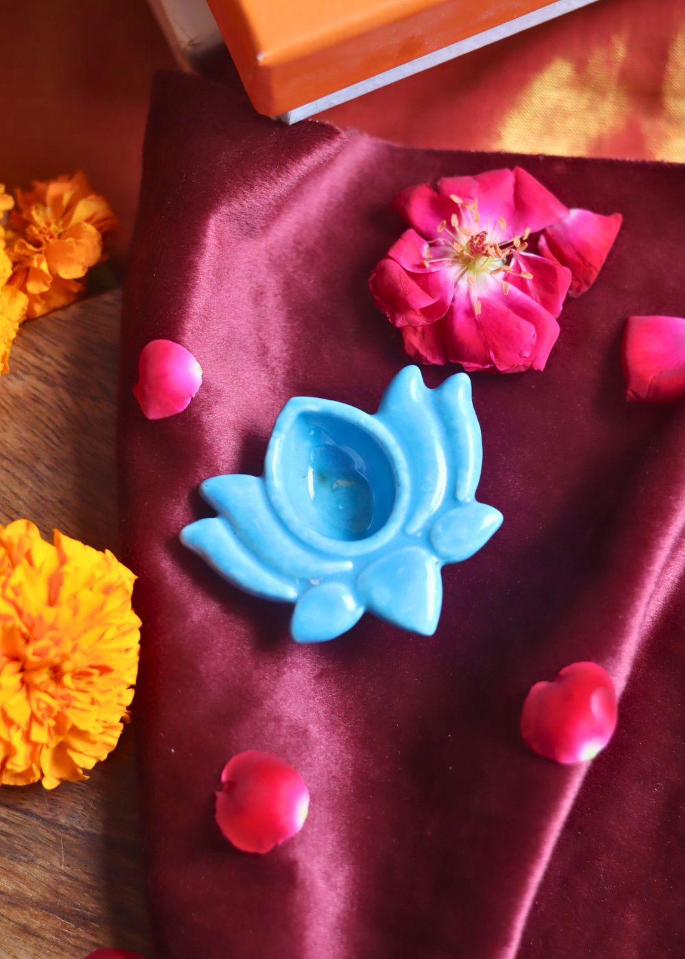 Set of 4 Lotus Diya - Sky blue with premium quality material
