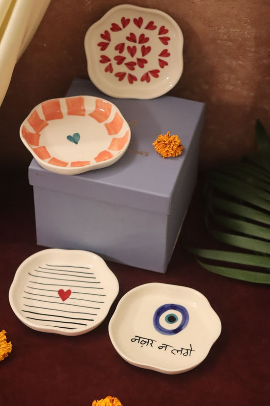 Set of 4 - Heart, Striped Heart & Nazar handmade dessert plate combo in a Gift box handmade in India