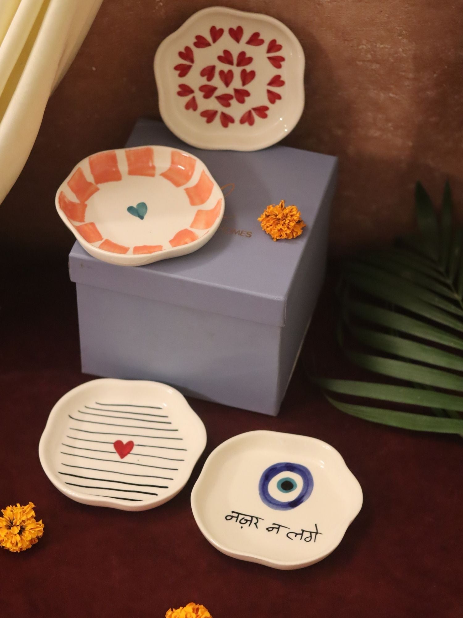 Set of 4 - Heart, Striped Heart & Nazar handmade dessert plate combo in a Gift box handmade in India