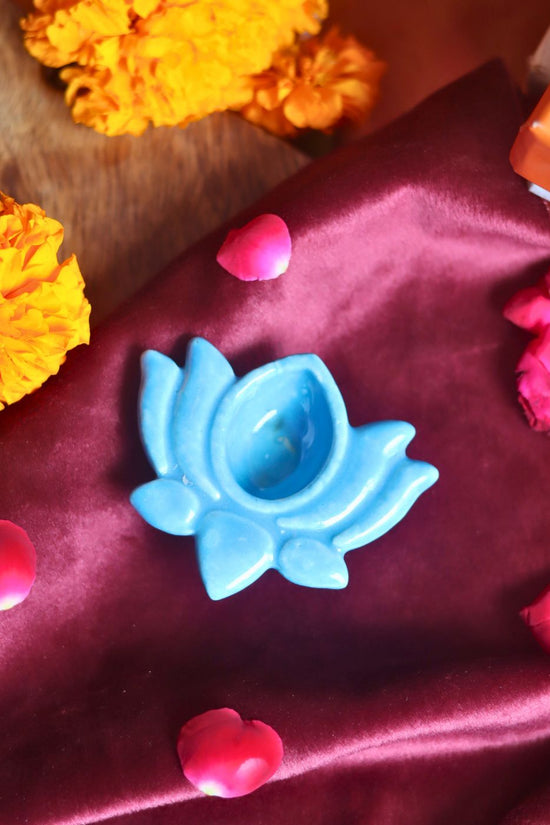 Set of 4 Lotus Diya - Sky blue handmade in India