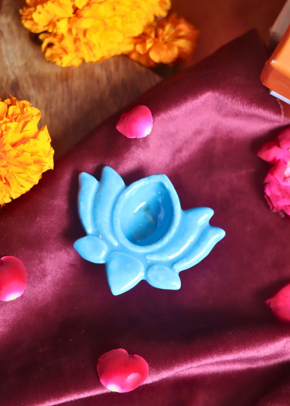 Set of 4 Lotus Diya - Sky blue handmade in India