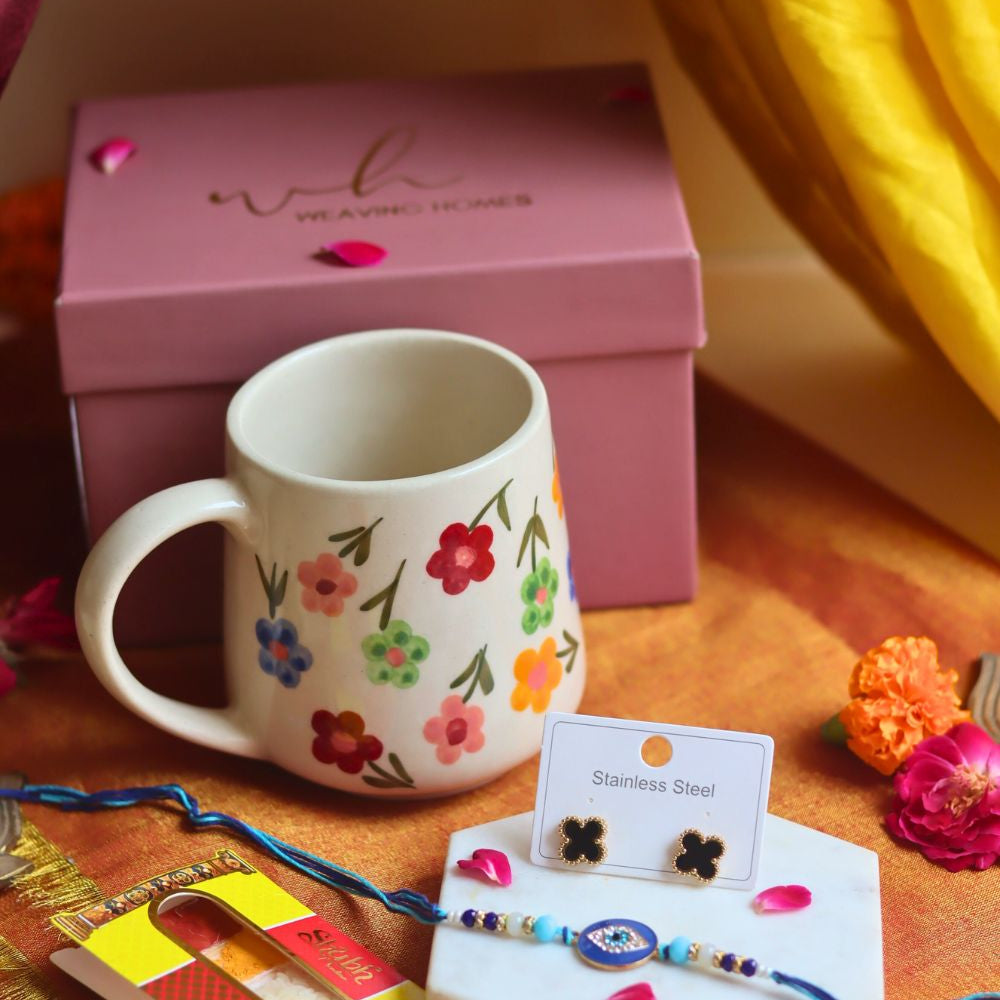 Rakhi Floral Blossom Mug gift box with Rakhi & Earrings handmade in India
