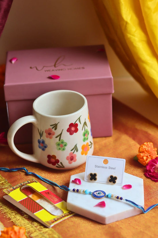 Rakhi Floral Blossom Mug gift box with Rakhi & Earrings handmade in India