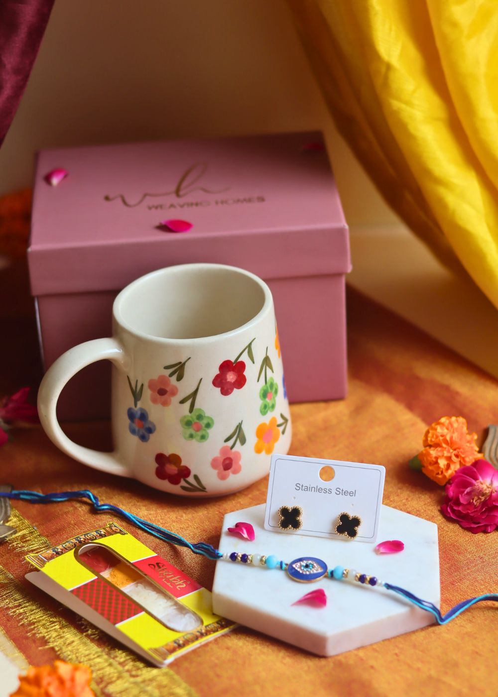 Rakhi Floral Blossom Mug gift box with Rakhi & Earrings handmade in India