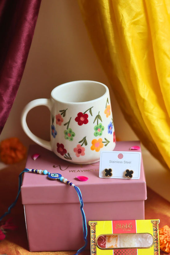 Rakhi Floral Blossom Mug gift box with Rakhi & Earrings with premium quality material