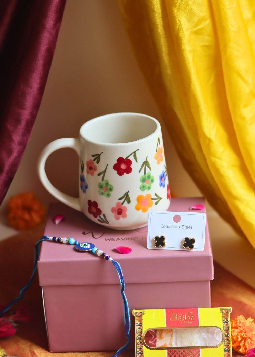 Rakhi Floral Blossom Mug gift box with Rakhi & Earrings with premium quality material