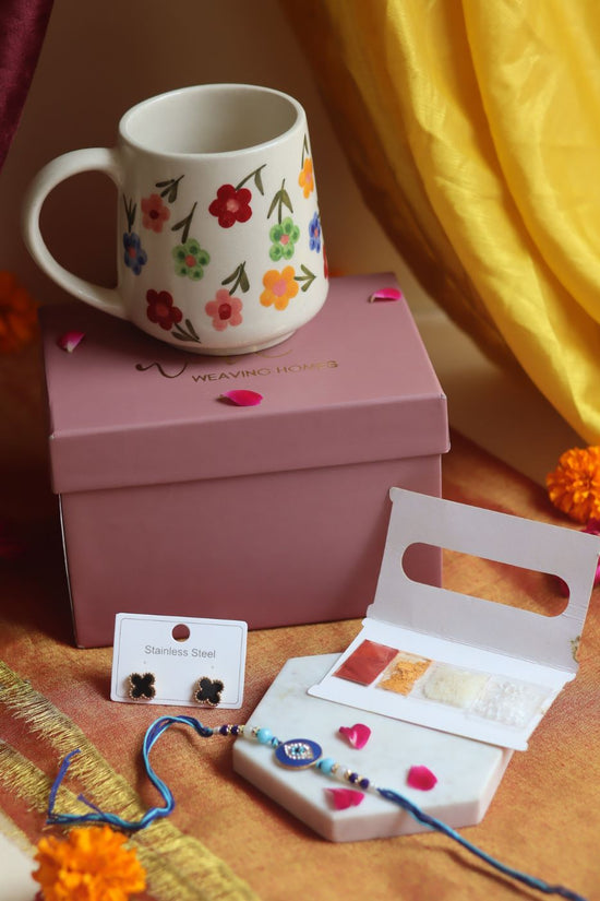 Rakhi Floral Blossom Mug gift box with Rakhi & Earrings only at this rakhsha bandhan