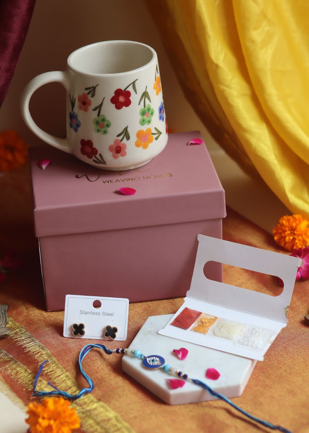 Rakhi Floral Blossom Mug gift box with Rakhi & Earrings only at this rakhsha bandhan