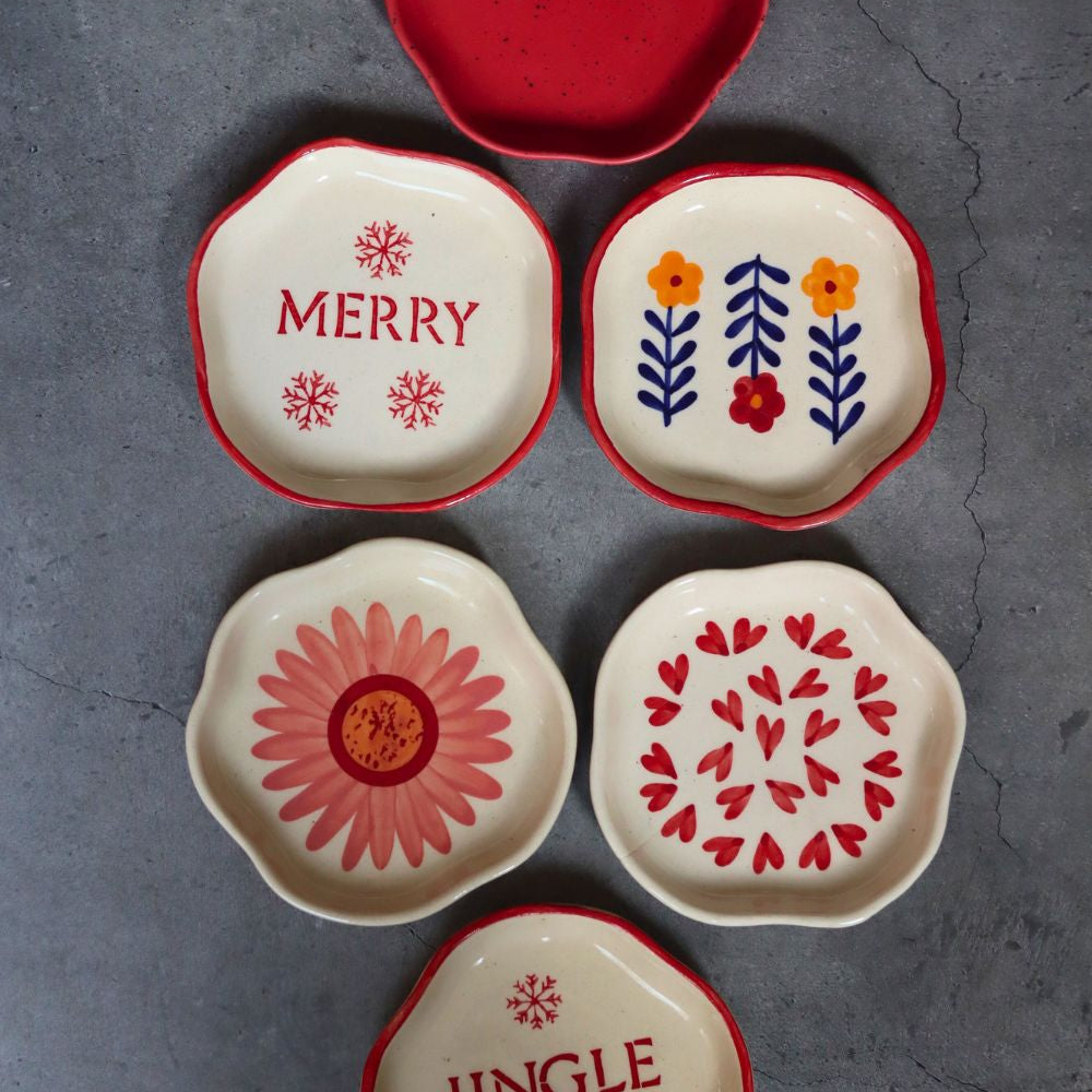 handmade Set of 6 Red & White Handmade Dessert Plate (for the price of 5)