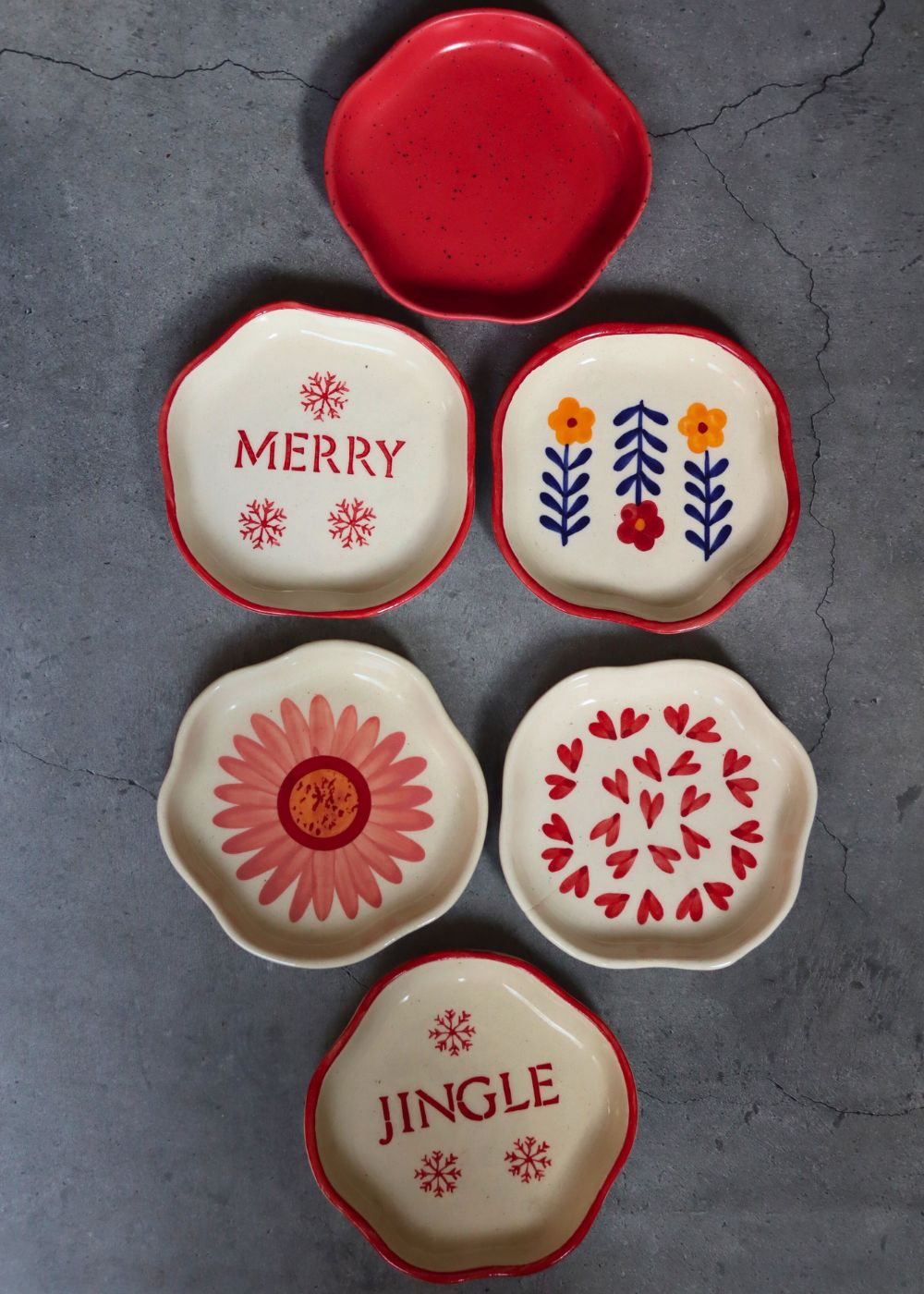 handmade Set of 6 Red & White Handmade Dessert Plate (for the price of 5)