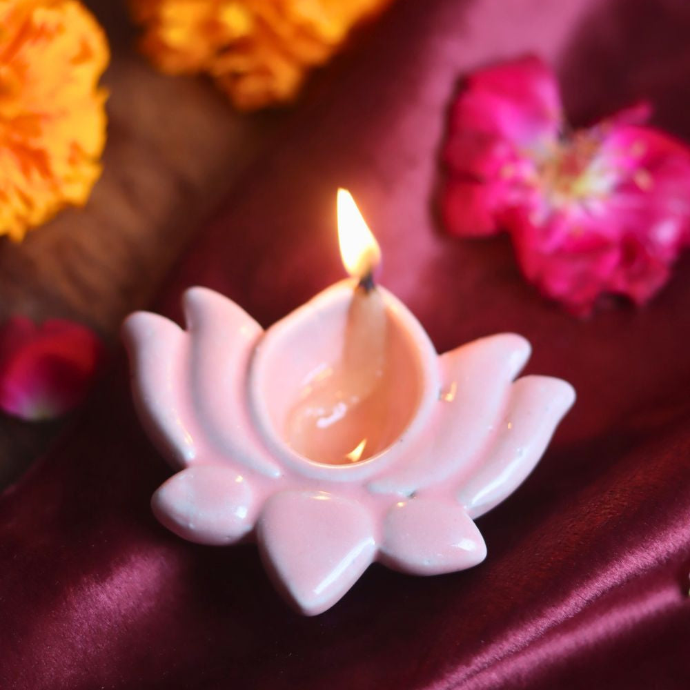 Set of 4 Lotus Diya - Pink made by ceramic