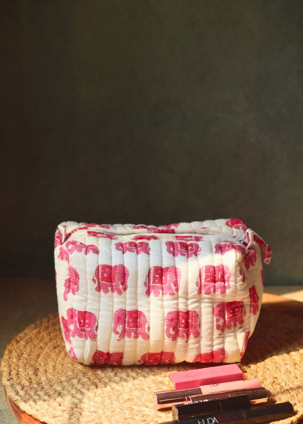 pink ele toiletry bag handmade in india 