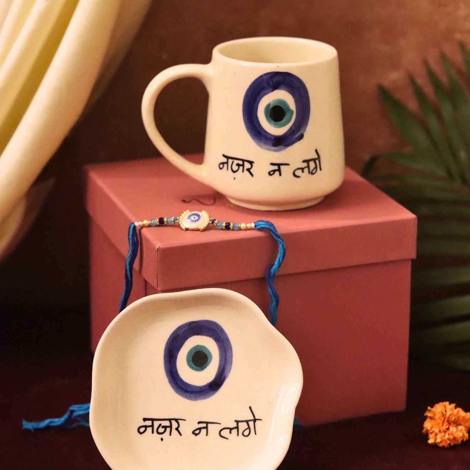 Nazar Mug & Handmade Dessert plate Rakhi Gift box