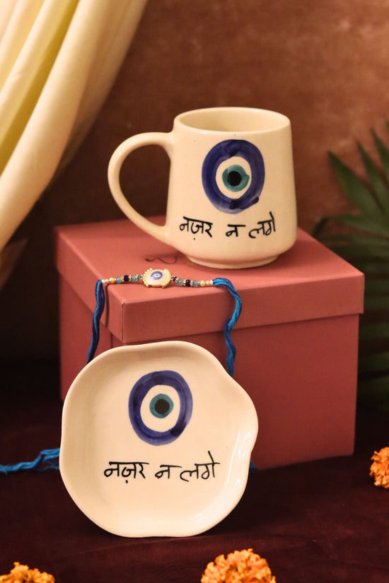handmade Nazar Mug & Handmade Dessert plate Rakhi Gift box