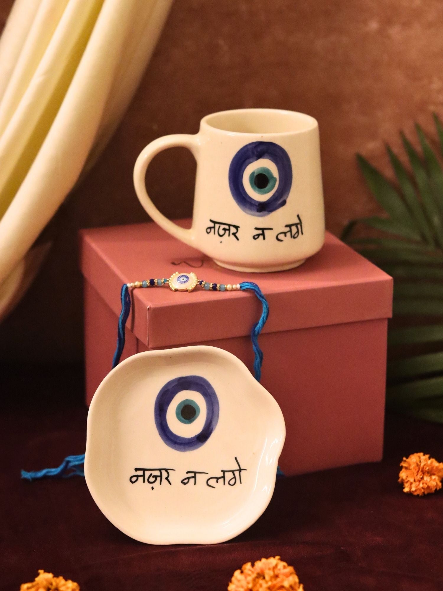 handmade Nazar Mug & Handmade Dessert plate Rakhi Gift box