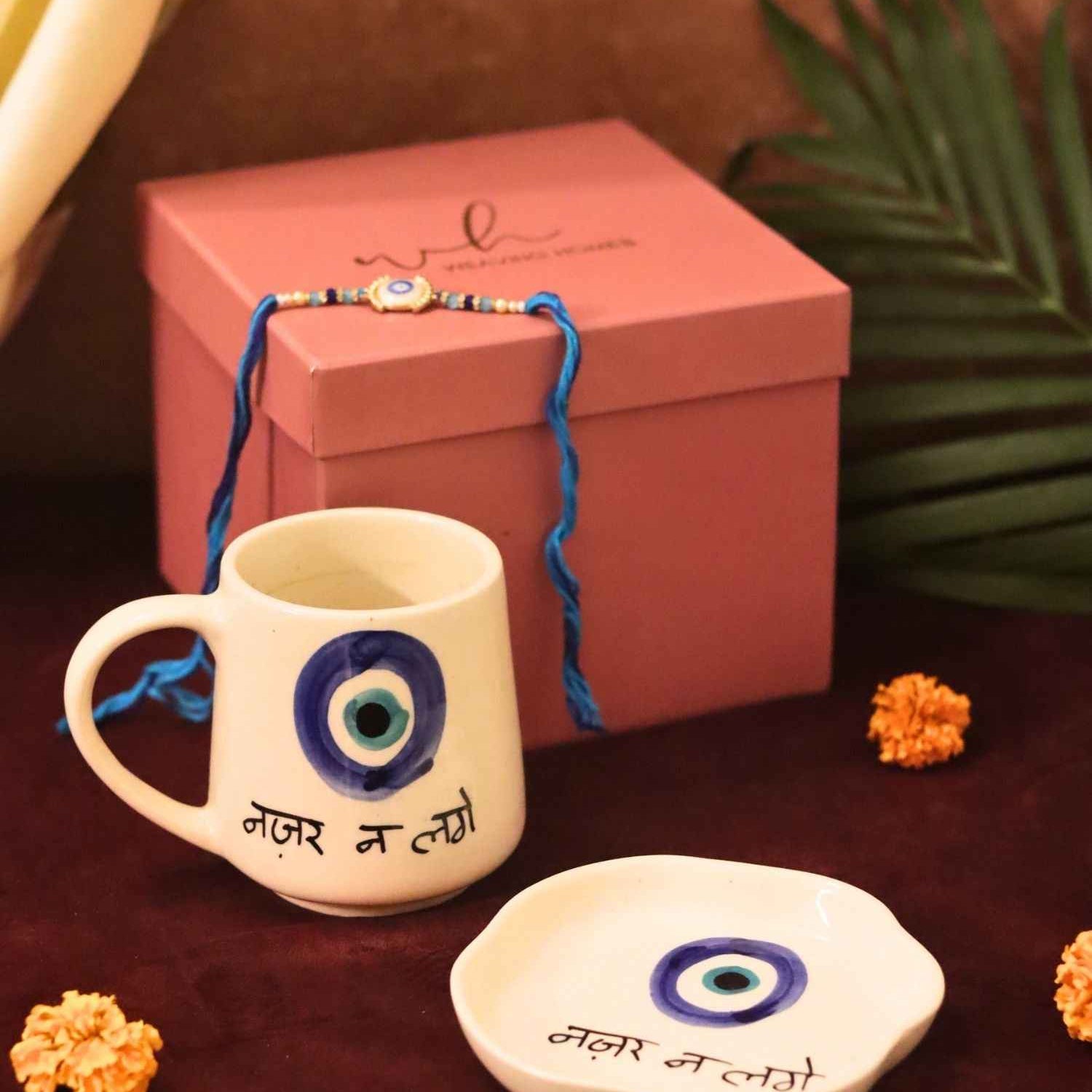 Nazar Mug & Handmade Dessert plate Rakhi Gift box