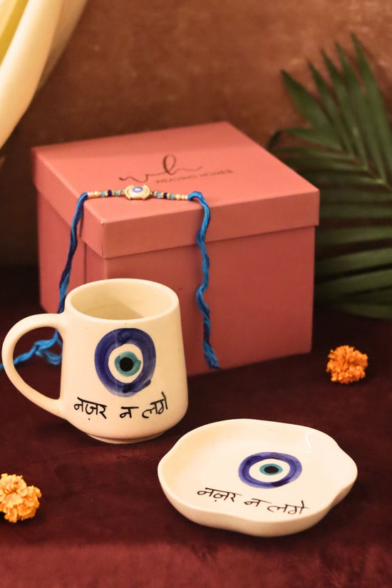 Nazar Mug & Handmade Dessert plate Rakhi Gift box made by ceramic