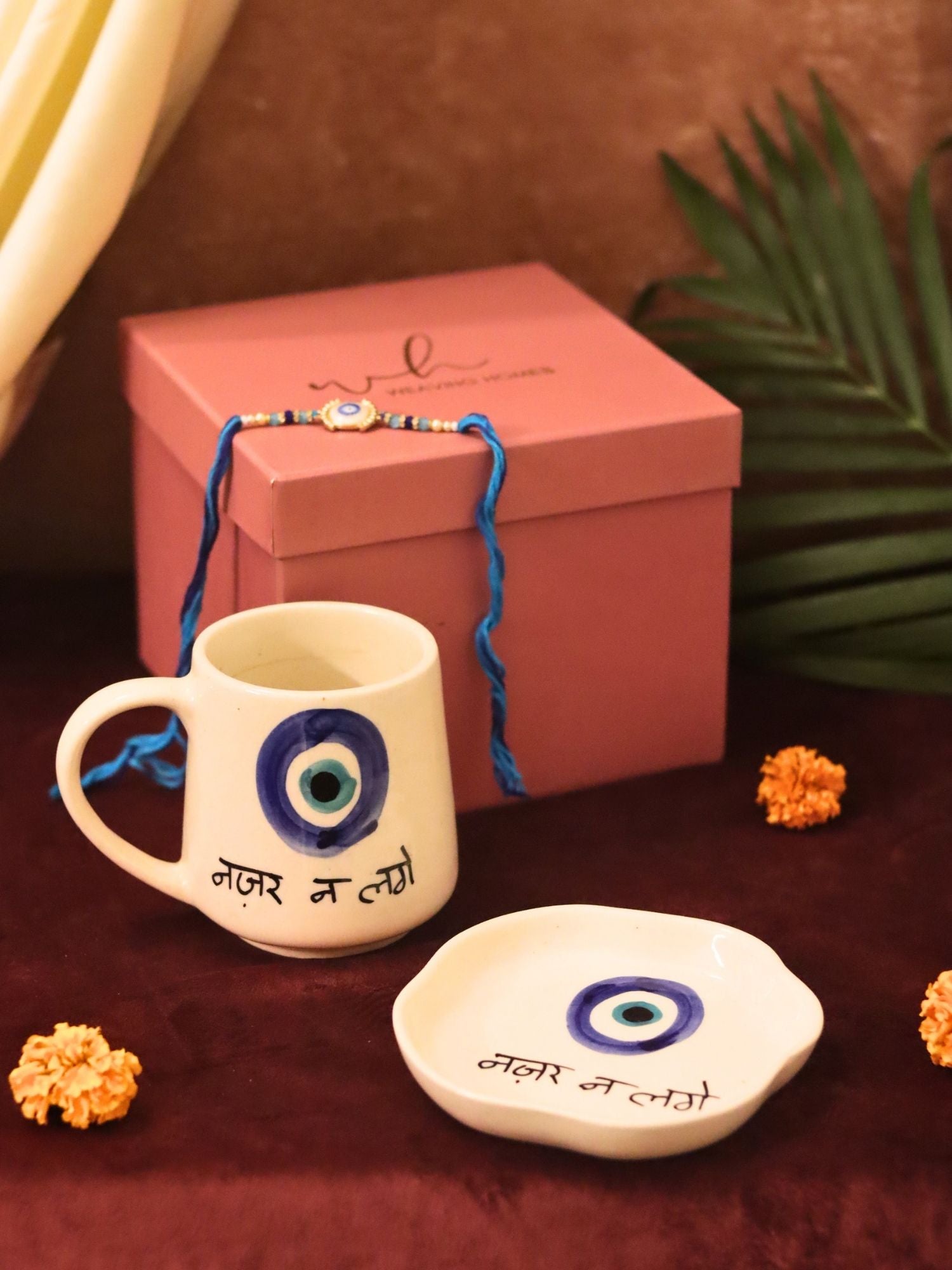 Nazar Mug & Handmade Dessert plate Rakhi Gift box made by ceramic