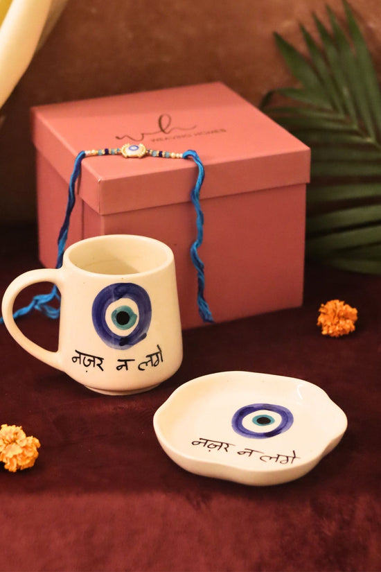 Nazar Mug & Handmade Dessert plate Rakhi Gift box with premium quality material