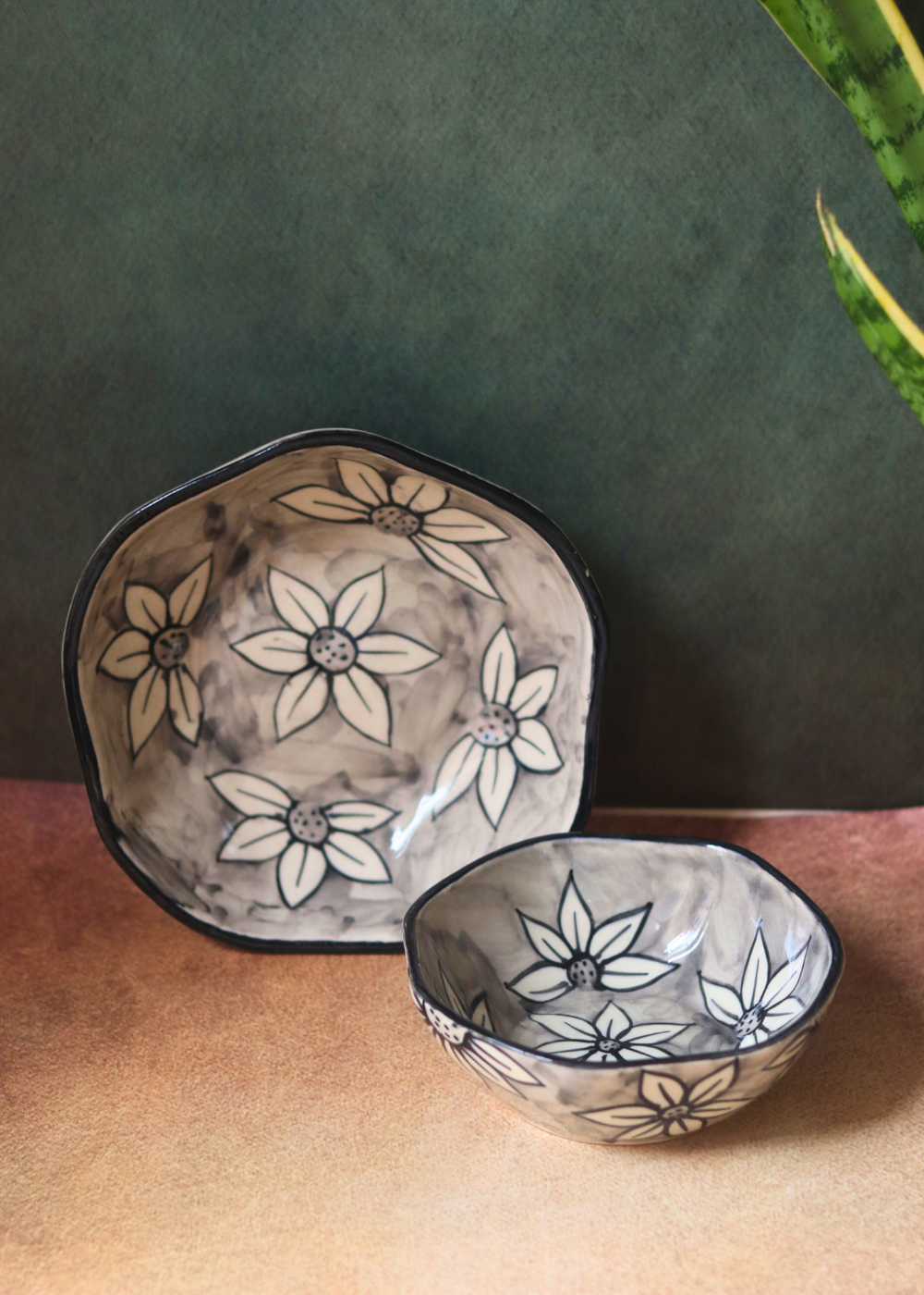 Handmade ceramic grey floral bowls for breakfast