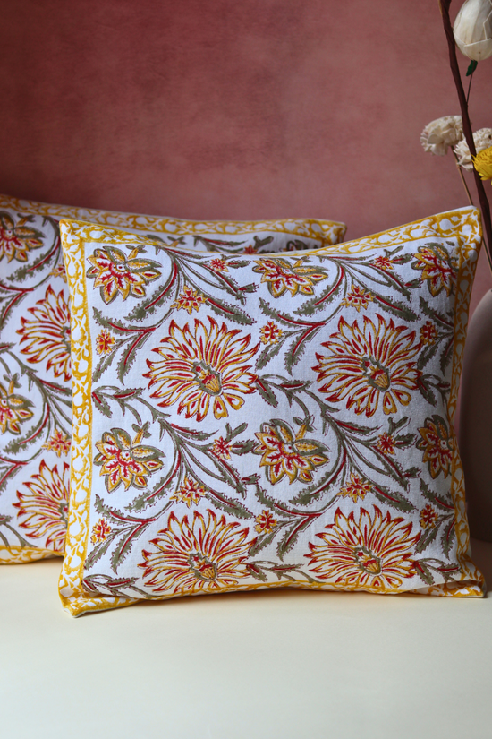 Yellow & White Cotton  Cushion Covers 