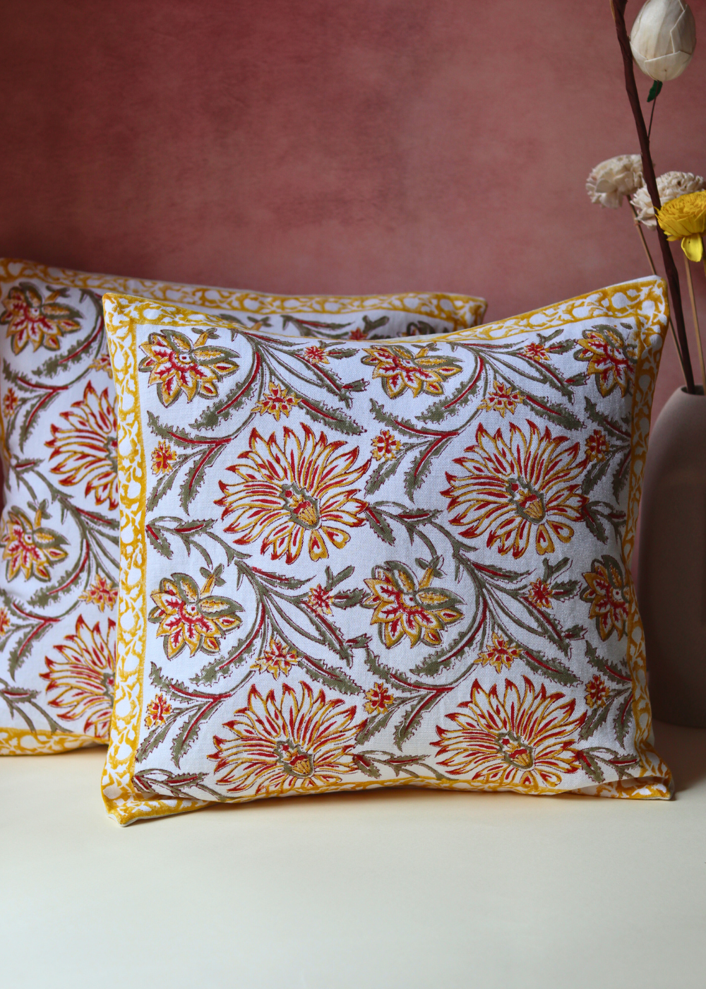Yellow & White Cotton  Cushion Covers 