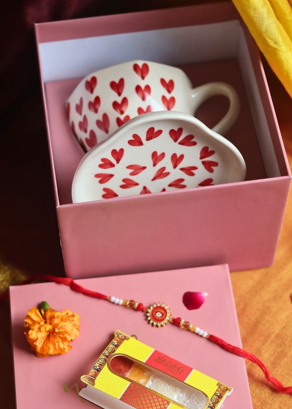 Heart Mug & All Heart Dessert Plate   Rakhi Gift Box made by ceramic