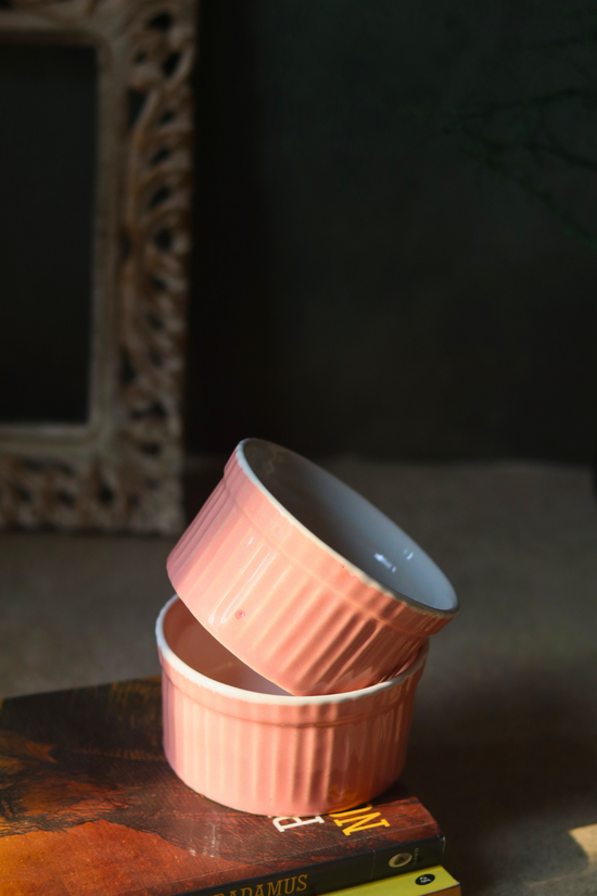 Two blush pink & white ramekins 