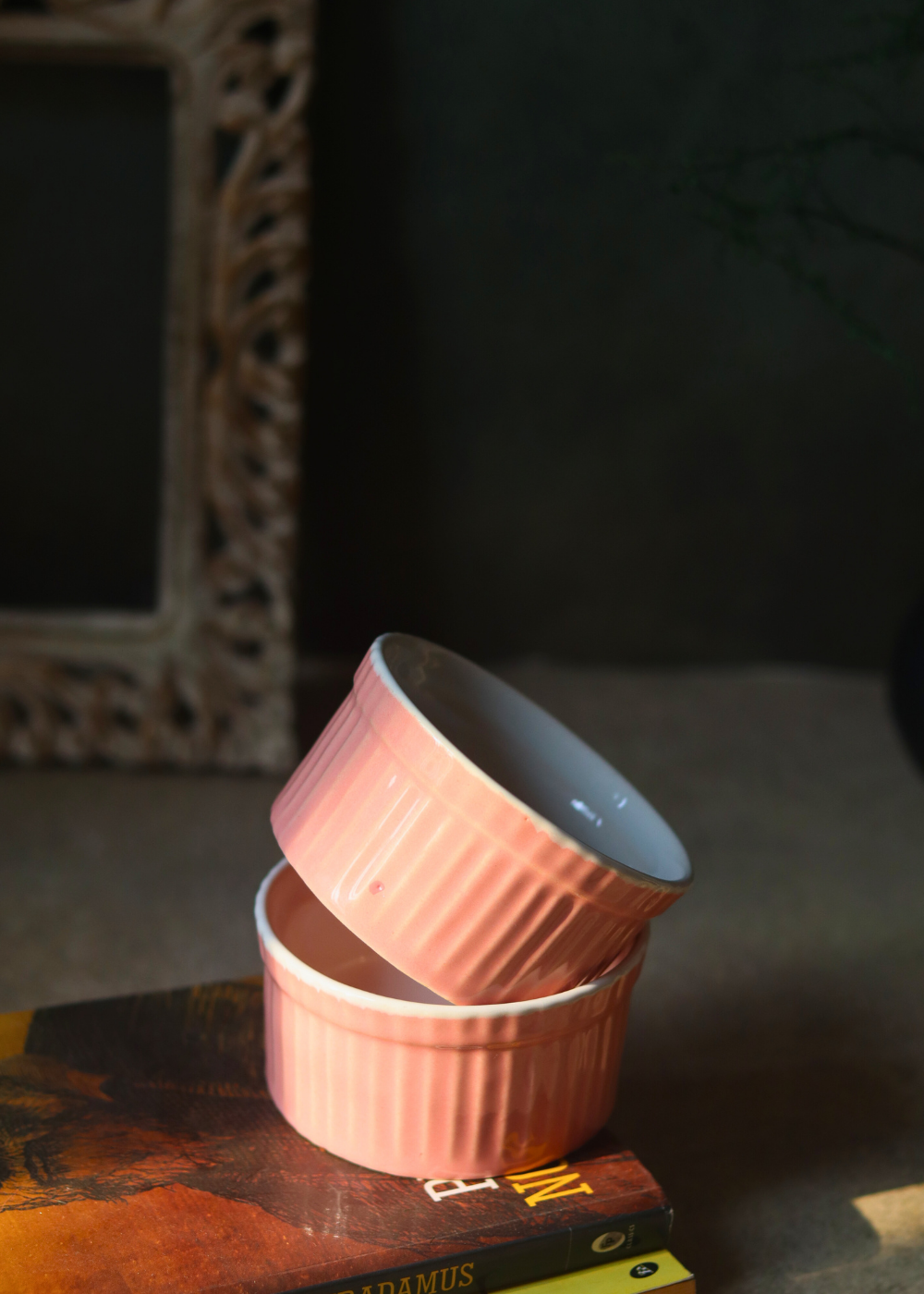 Two blush pink & white ramekins 