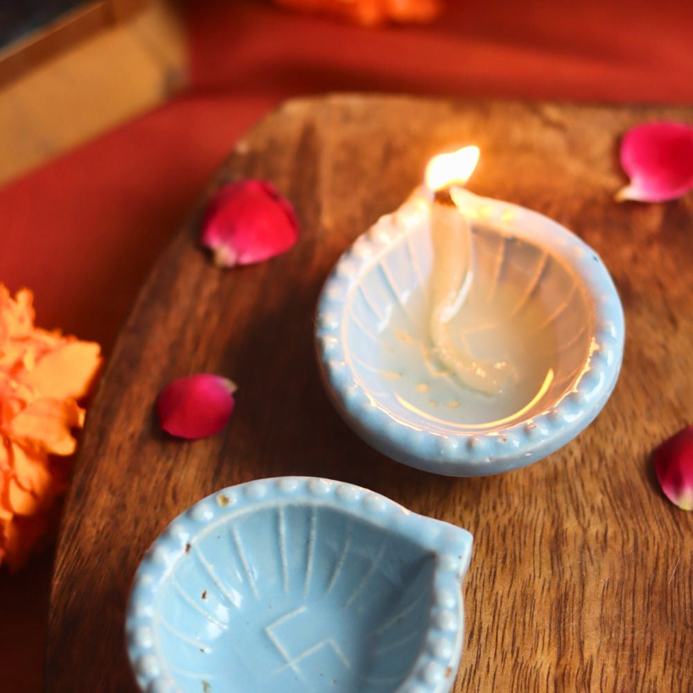 handmade Set of 4 Diwali Diya - Light Blue