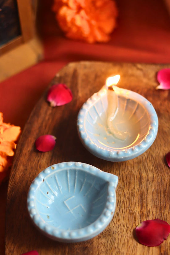 handmade Set of 4 Diwali Diya - Light Blue