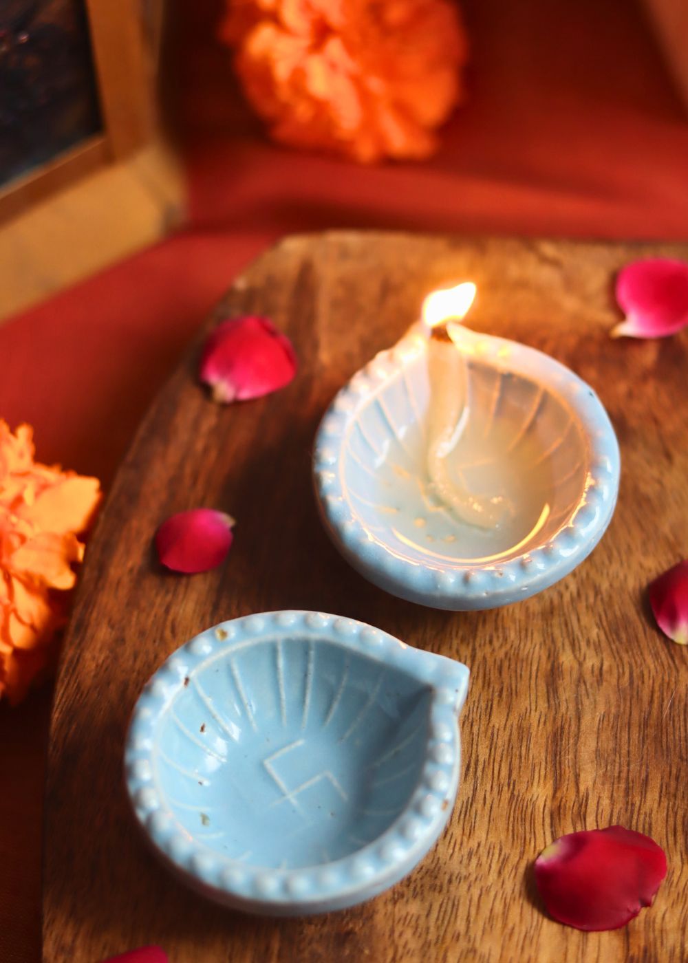 handmade Set of 4 Diwali Diya - Light Blue