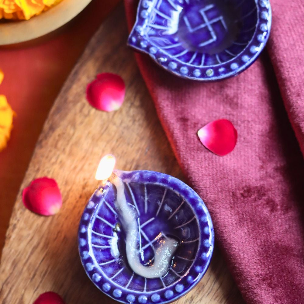 handmade Set of 4 Diwali Diya - Blue