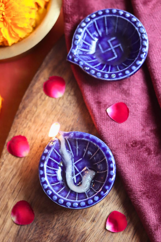 handmade Set of 4 Diwali Diya - Blue