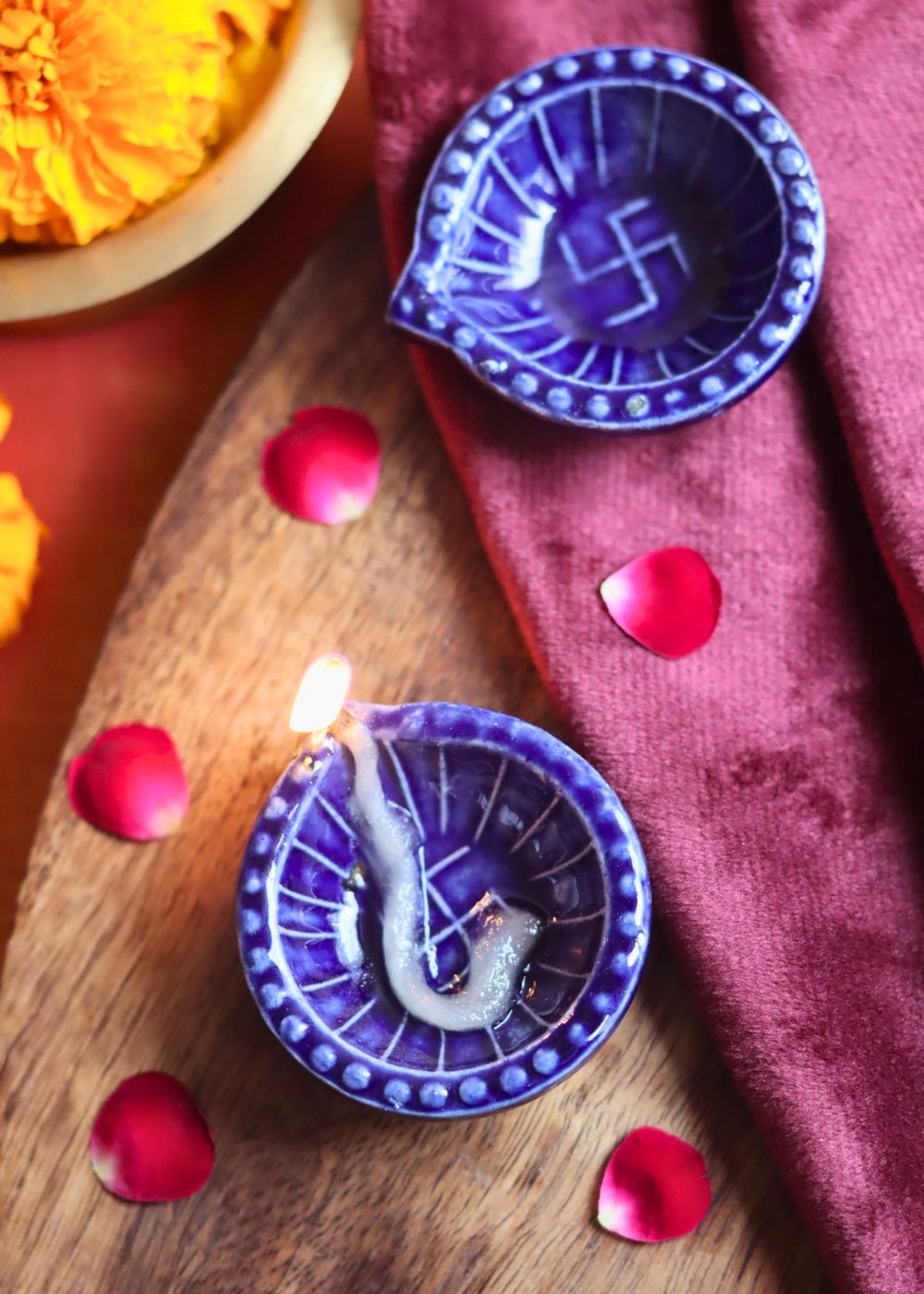 handmade Set of 4 Diwali Diya - Blue