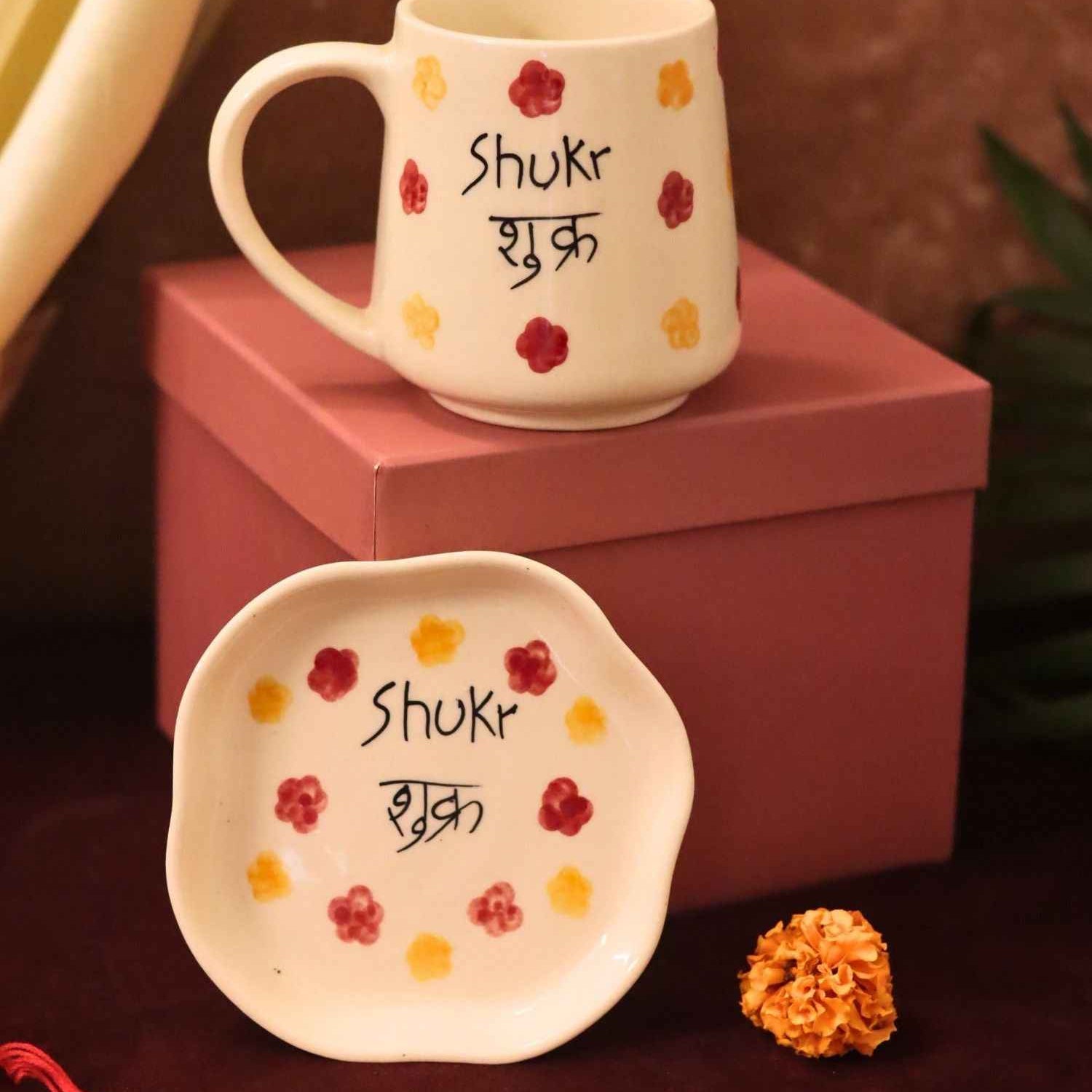 Shukr Mug & Handmade Dessert Plate Rakhi Gift Box