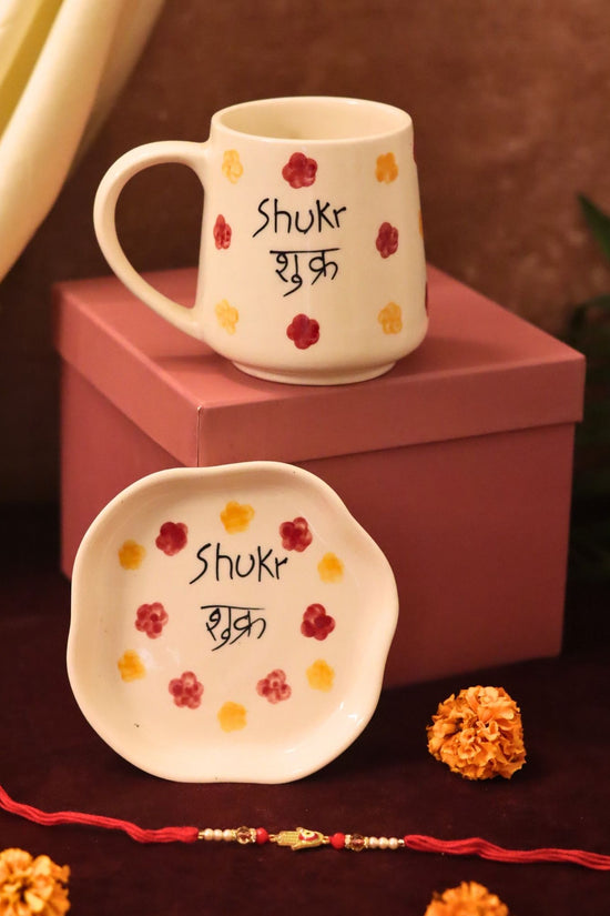 handmade lead free Shukr Mug & Handmade Dessert Plate Rakhi Gift Box