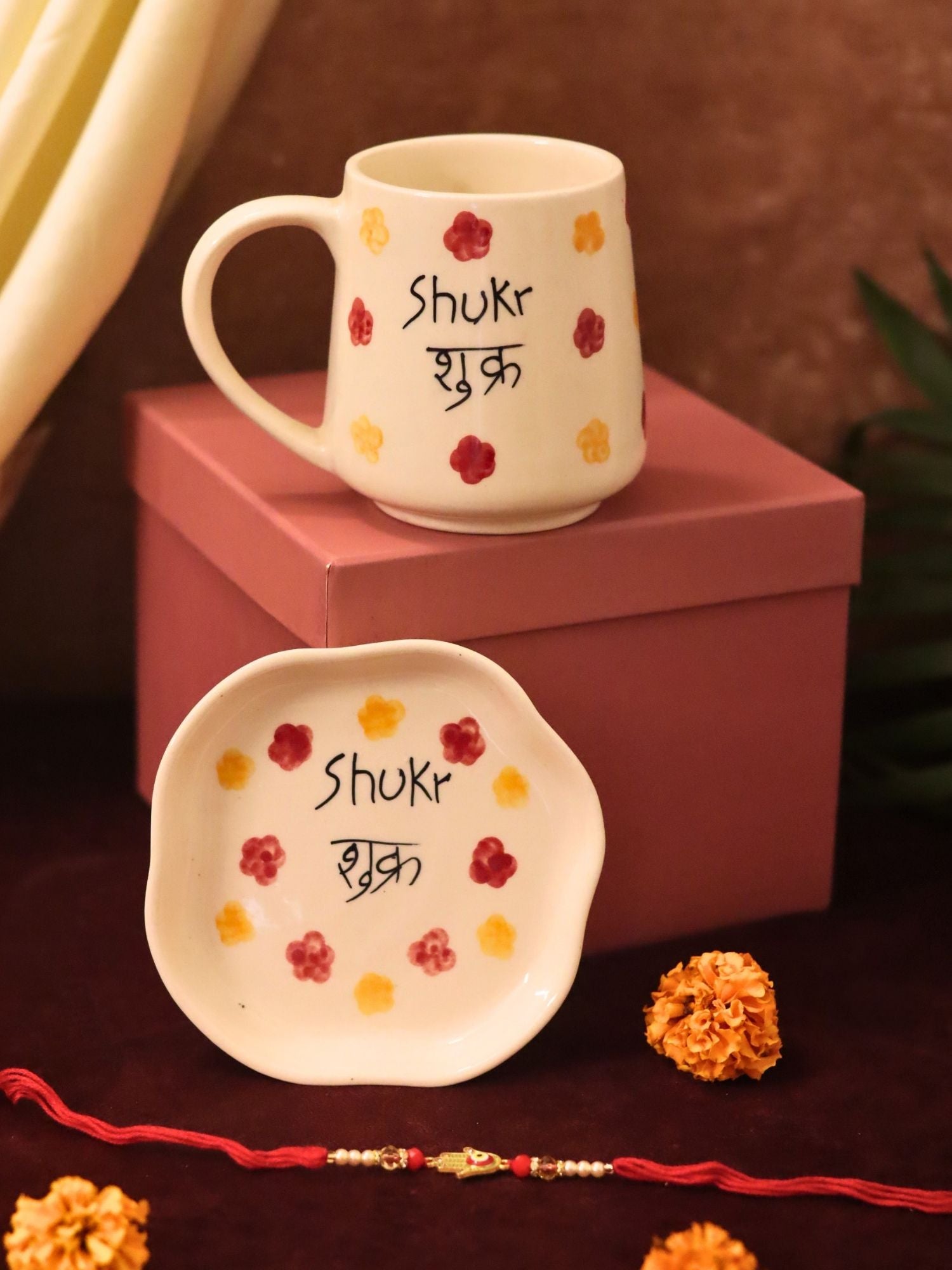 handmade lead free Shukr Mug & Handmade Dessert Plate Rakhi Gift Box