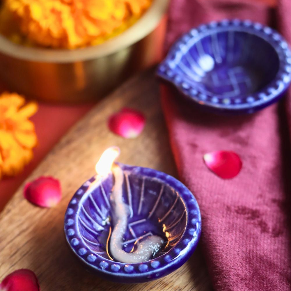 Set of 4 Diwali Diya - Blue made by ceramic