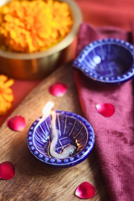 Set of 4 Diwali Diya - Blue made by ceramic